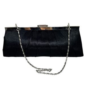Jessica McClintock Vintage Black Satin Evening Clutch Silver Chain Formal Bag
